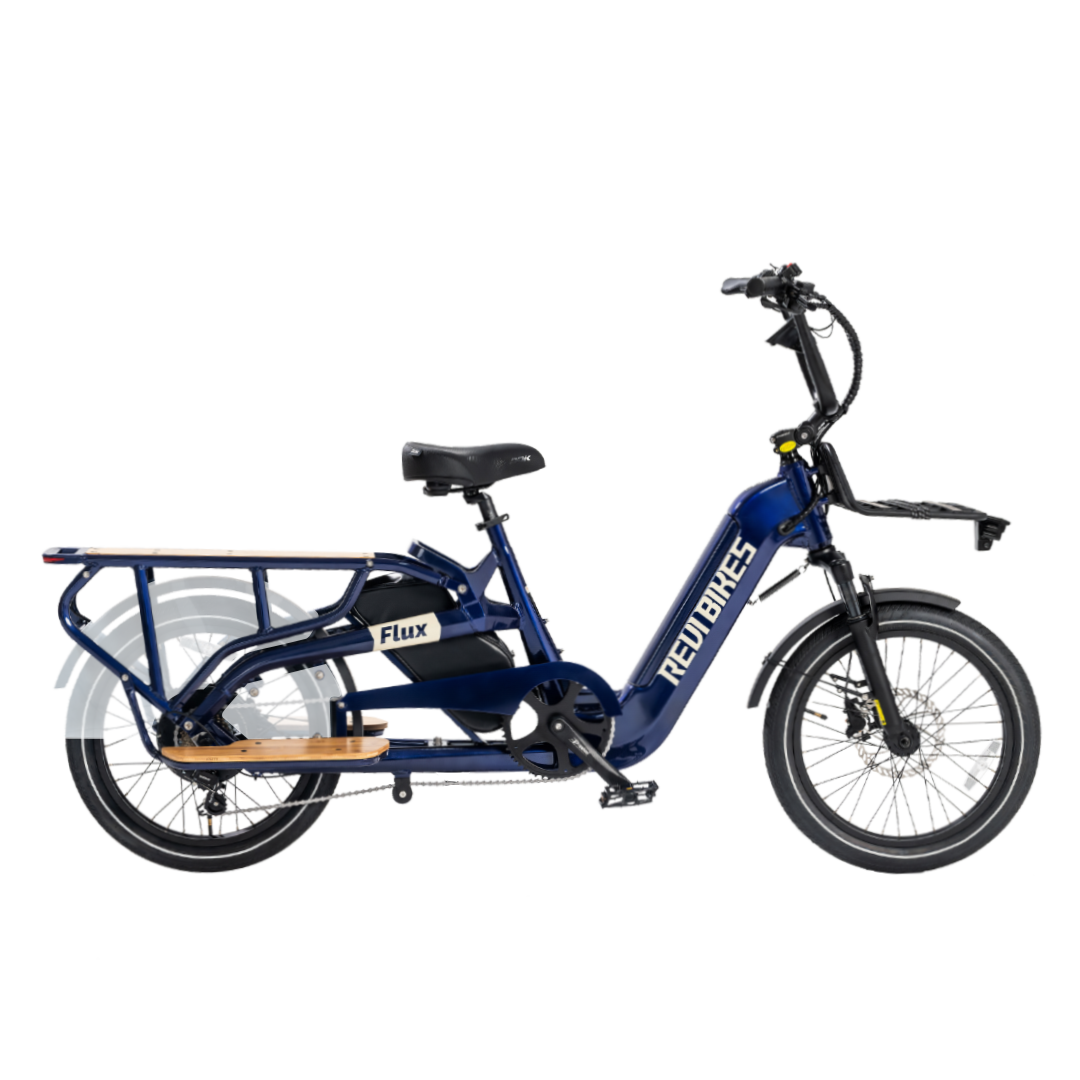 A blue electric bike with a cargo area at the back, designed for adults.