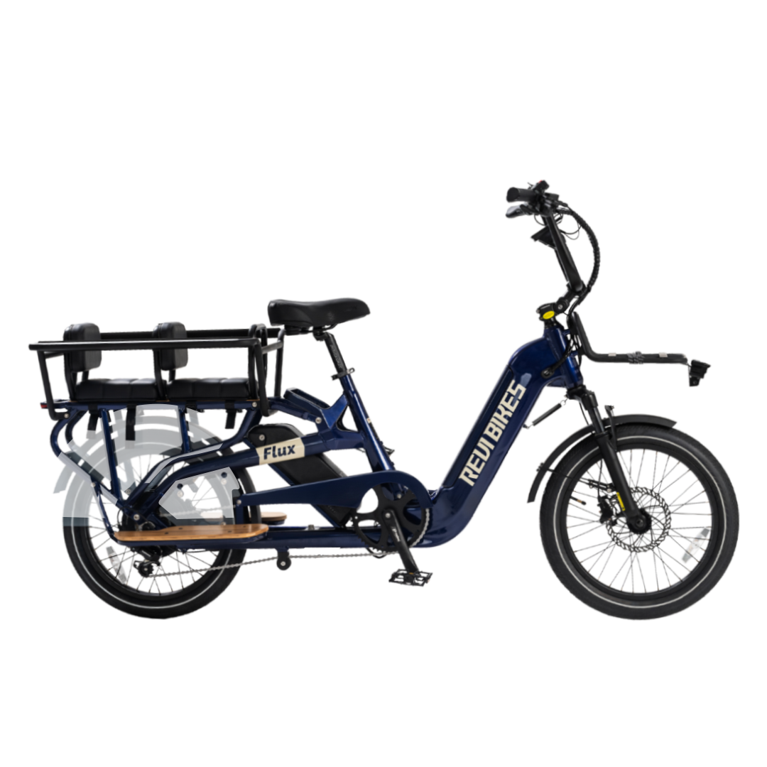 Blue electric bike with a child seat on a white background