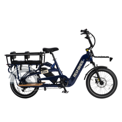 Blue electric bike with a child seat on a white background