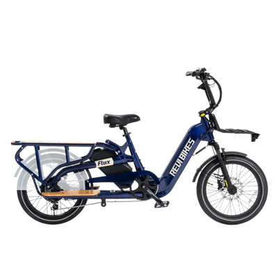 A blue electric bike with a cargo area at the back, designed for adults.